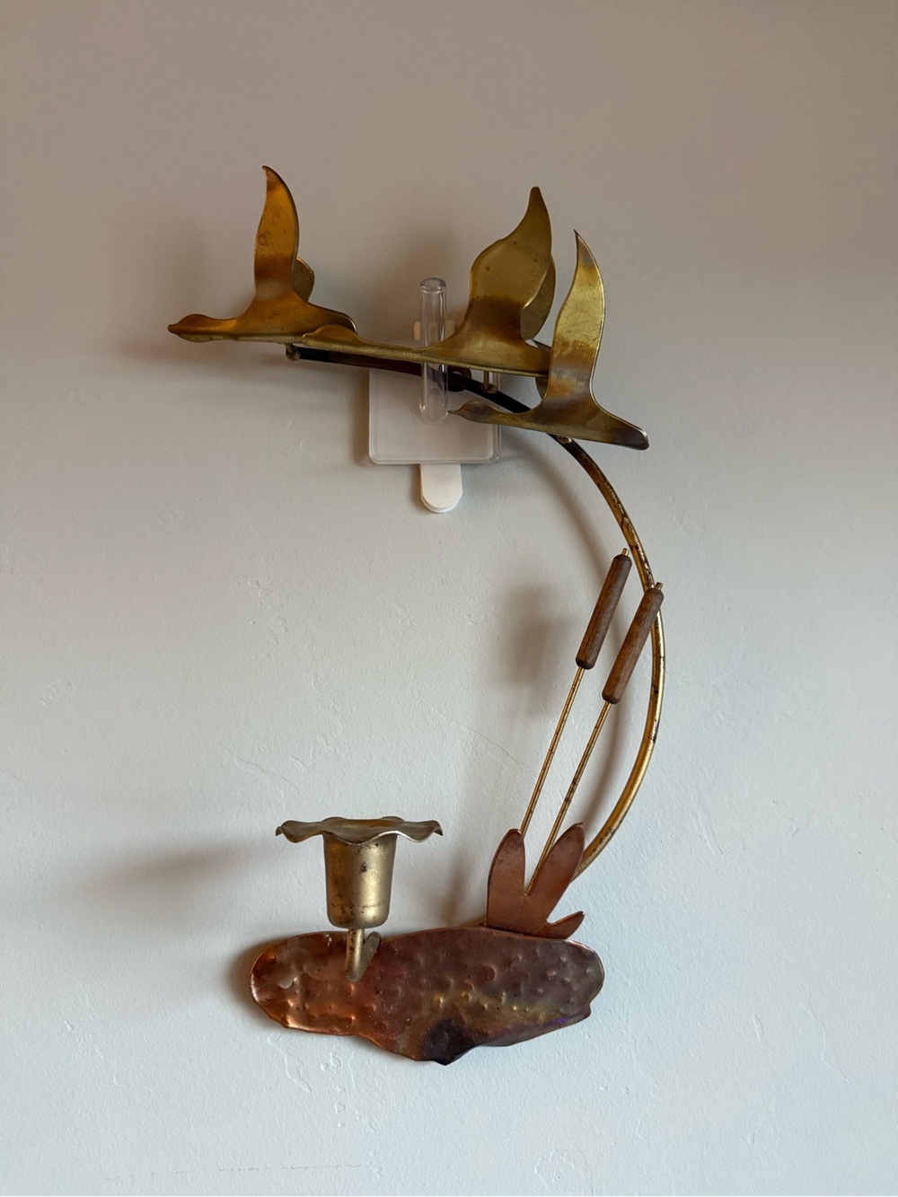 Vintage Brass Flying Geese Wall Art Candle Holder Sconce Mid Century